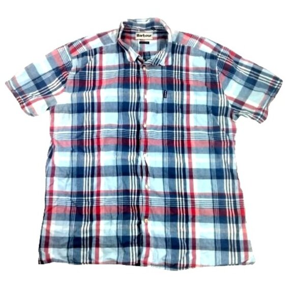 Barbour Shirt Mens XL Blue Plaid Linen Blend Button Up Short Sleeve Prep… - Picture 1 of 6